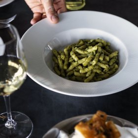 The trofie al pesto is prepared tableside.