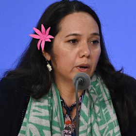 Tina Stege, climate envoy for the Marshall Islands, speaks at COP26 in Glasgow, Scotland. 