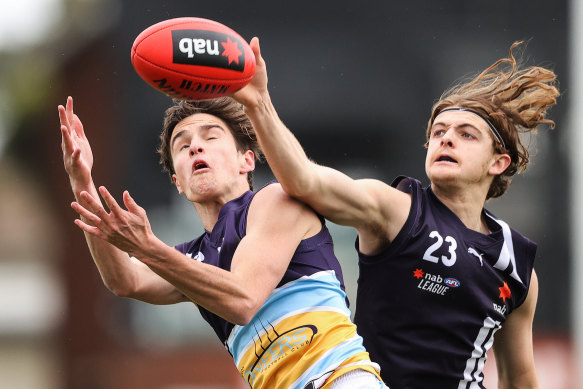 Oliver Wiltshire (right) in action for the Geelong Falcons in the Talent League in 2021.