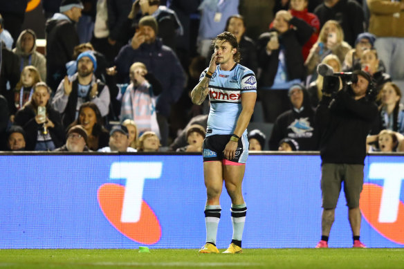 Nicho Hynes cuts a dejected figure after missing a sideline conversion in the Cronulla Sharks loss to the Dolphins.