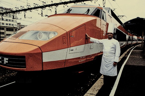 French chef Paul Bocuse in 1981 with a high-speed TGV linking his home town of Lyon with Paris.   