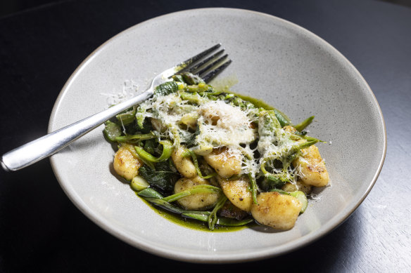 Pan-fried gnocchi with spring vegetables.