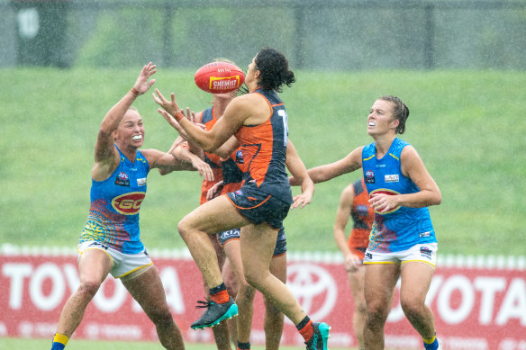 GWS Giants forward Rebecca Privitelli has won the AFLW's mark of the year award for this effort in round one.