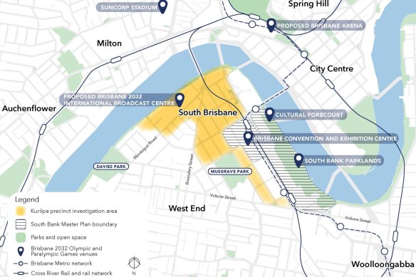 Kurilpa Precinct Master Plan 2023 showing in yellow where developers can lodge applications  for very high developments.