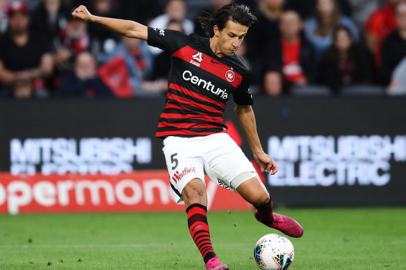 Daniel Georgievski shoots for goal during the round one A-League match between Western Sydney Wanderers and Central Coast Mariners. 