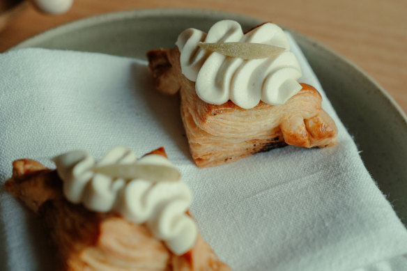 Young almond and red tropea onion pissaladiere, served in the style of a danish.