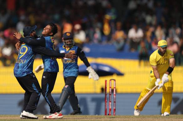 Sri Lanka’s Wanindu Hasaranga celebrates after taking the wicket of Glenn Maxwell in Australia’s ODI capitulation.