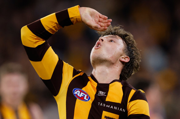 Jack Ginnivan celebrates a goal for Hawthorn.
