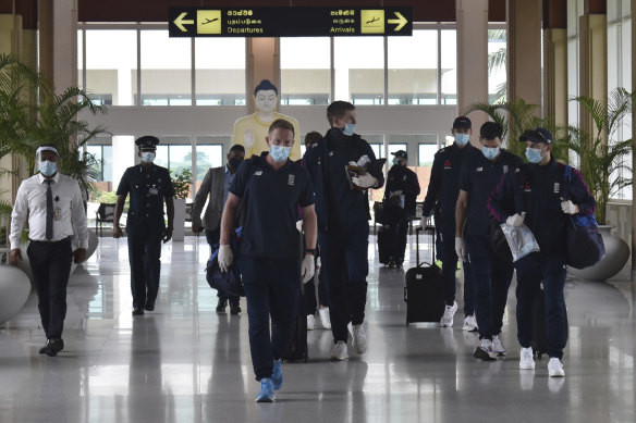 England players arrive at Hambantota's Rajapaksa International Airport on Sunday.