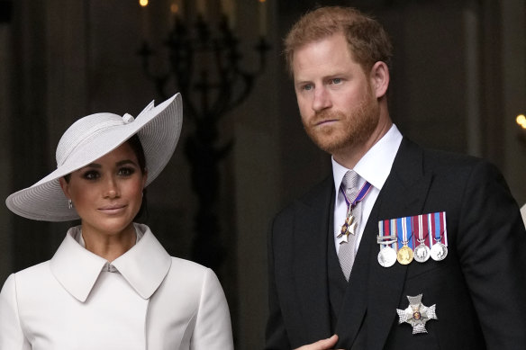 Prince Harry and Meghan Markle, Duke and Duchess of Sussex, leave after a service of thanksgiving for the reign of Queen Elizabeth II in June.