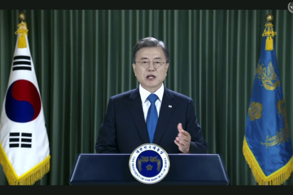 South Korean President Moon Jae-in speaks in a pre-recorded message that was played during the 75th session of the United Nations General Assembly.