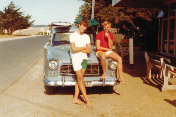 Rip Curl co-founder Doug “Claw” Warbrick: ‘Me and childhood friend Dick Milledge with my first car, an EJ Holden, in Bell Street, Torquay, parked outside Dubby Davis’s milk bar, circa 1961.’