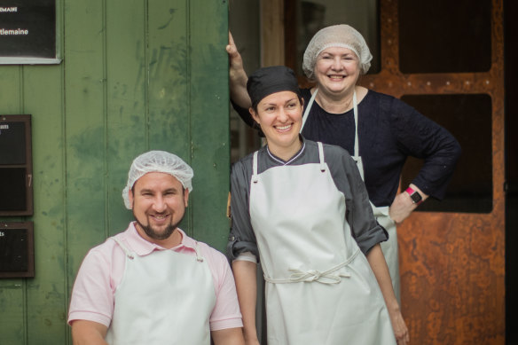 Alison Lansley, secretary of the Australian Specialist Cheesemakers’ Association (rear), with cheesemakers Ivan and Julie Larcher at The Cheese School in Castlemaine. 