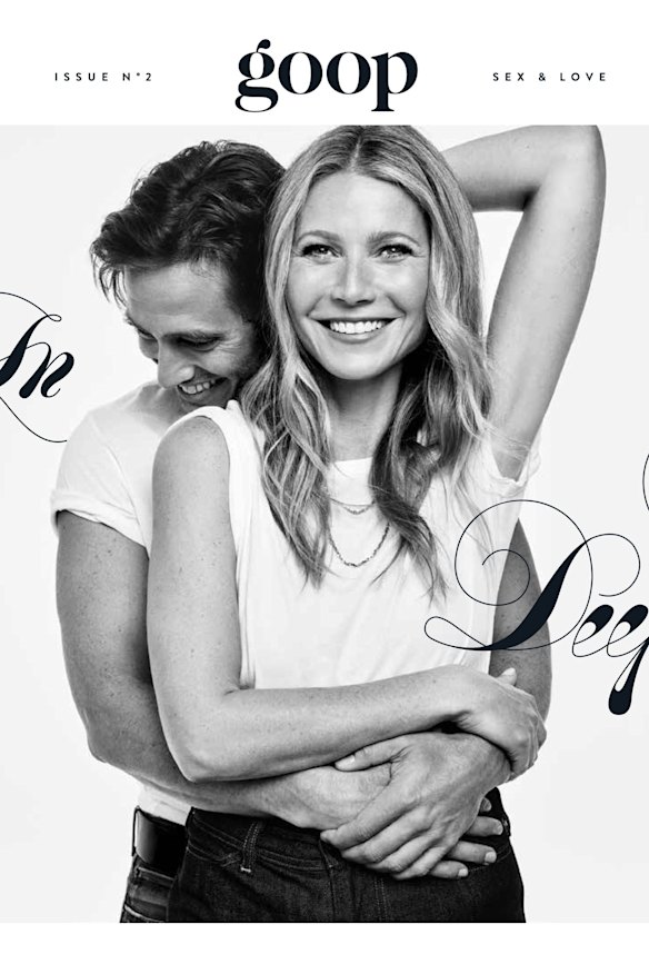 Gwyneth Paltrow and her fiancé, Brad Falchuk, on the cover of Goop magazine’s second issue.