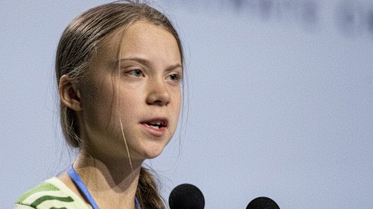 Swedish environment activist Greta Thunberg gives a speech at the plenary session during the COP25 Climate Conference.