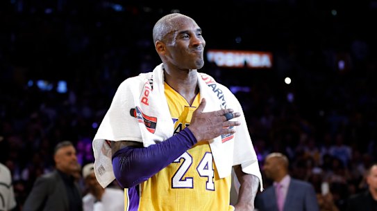 Kobe Bryant speaks to fans in LA after his final NBA game.