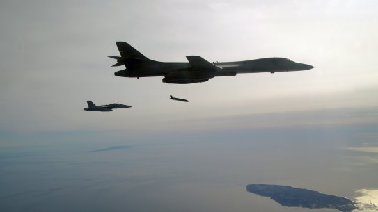 A US Air Force plane releases a Long Range Anti-Ship Missile (LRASM) during a test event. Australia is planning to buy 200 missiles to arm its air force.