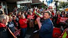 Australian Education Union president Justin Mullaly addresses teacher protesting outside the office of Education Minister Ben Carroll in Niddrie last month.