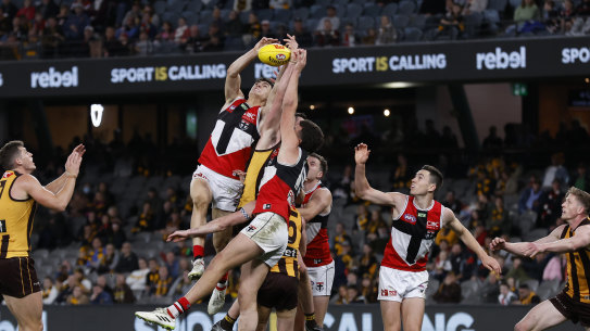 Anthony Caminiti was a high-flyer for the Saints as they cruised to a win over Hawthorn at Marvel Stadium.