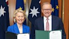 European Commission President Ursula von der Leyen and Prime Minister Anthony Albanese during a signing ceremony of a joint statement at Parliament House on Tuesday.