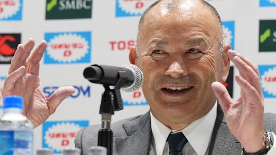 Eddie Jones of Australia soaks during a press conference speaks Thursday, Dec. 14, 2023, in Tokyo. Jones was named as new coach of the Japan national rugby team on Dec. 13. (AP Photo/Eugene Hoshiko)