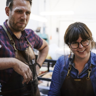 Industrial designer turned shoemaker Jess Wootten with his business and life partner Krystina Menegazzo. 