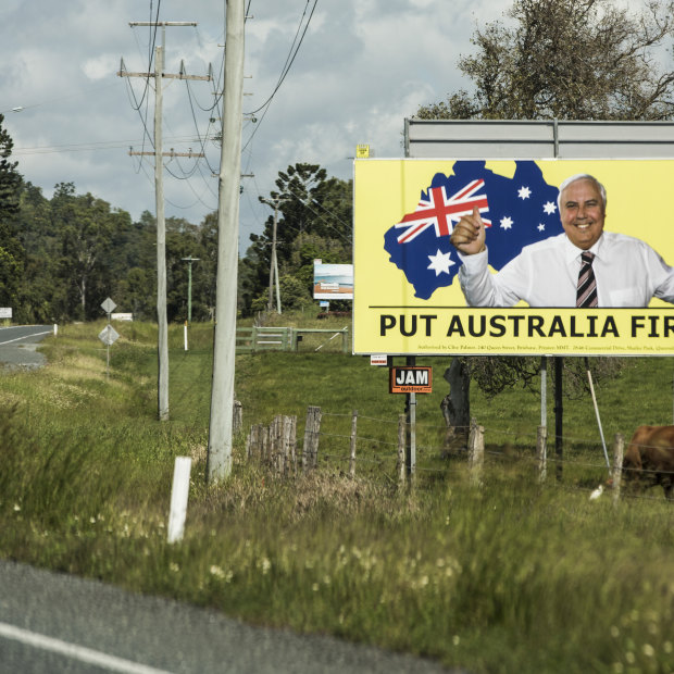 A United Australia Party billboard on the Bruce Highway near Mackay.