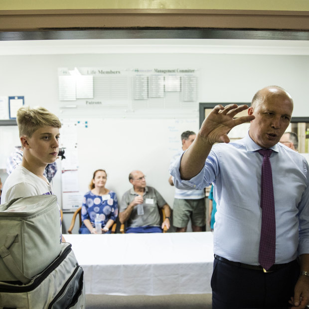 Home Affairs Minister Peter Dutton met Meals on Wheels volunteers with Scott Morrison just five months after the pair went head-to-head in a leadership contest.