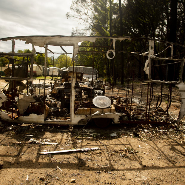 Mallacoota was just recovering from the New Year's fires when the pandemic hit. The remains of a caravan destroyed by fire.