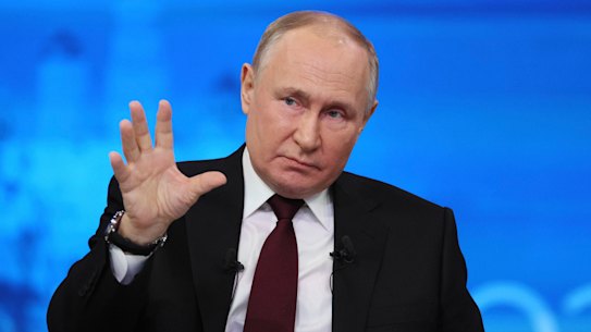 Russian President Vladimir Putin speaks during his annual news conference in Moscow, Russia, Thursday, Dec. 14, 2023. (Mikhail Klimentyev, Sputnik, Kremlin Pool Photo via AP)