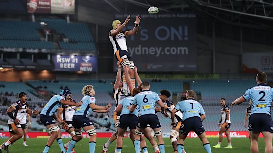 Darcy Swain of the Brumbies is lifted in a lineout against the Waratahs in round three. 