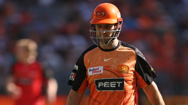 PERTH, AUSTRALIA - JANUARY 07: Mitch Marsh of the Scorchers walks from the field after being dismissed during the BBL match between Perth Scorchers and Melbourne Renegades at Optus Stadium, on January 07, 2025, in Perth, Australia. (Photo by Paul Kane/Getty Images)