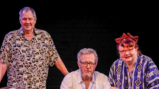 Director, Gale Edwards with Jonathan Biggins (centre) and Brian Thomson on the set of Krapp's Last Tape.
