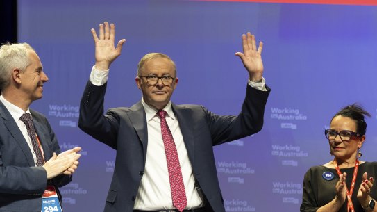 Anthony Albanese and ministers Andrew Giles and Linda Burney at Labor’s national conference in Brisbane on Saturday.