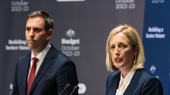 Finance Minister Katy Gallagher with Treasurer Jim Chalmers at the 2022-23 budget. Strong revenues and lower spending has the budget deficit $20.5 billion lower than expected.