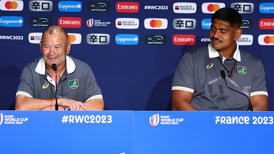 Eddie Jones and Will Skelton address the media in Paris.