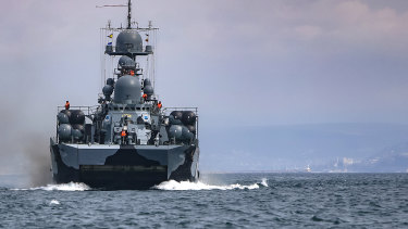 A Russian navy ship is seen during navy drills in the Black Sea. 