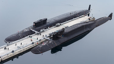 Russian nuclear submarines in Gazhiyevo, Kola Peninsula, Russia. Russian Defence Minister Sergei Shoigu described a massive military buildup as part of drills intended to check the armed forces’ readiness amid the threats posed by NATO.  