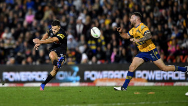 Nathan Cleary misses a late attempt at a two-point field goal against Parramatta last weekend.