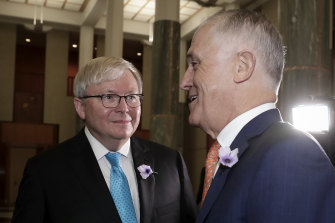 Former foreign minister Alexander Downer has counselled Kevin Rudd and Malcolm Turnbull, pictured together in 2018, to stop attacking their successors.