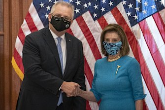 Prime Minister Scott Morrison, left, shakes hands with US House Speaker Nancy Pelosi.