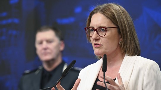 Premier Jacinta Allan with Shane Patton at a media conference after the arson attack on the Adass Israel Synagogue in December.