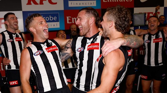 Collingwood debutants Dan Houston, Tim Membrey and Harry Perryman.