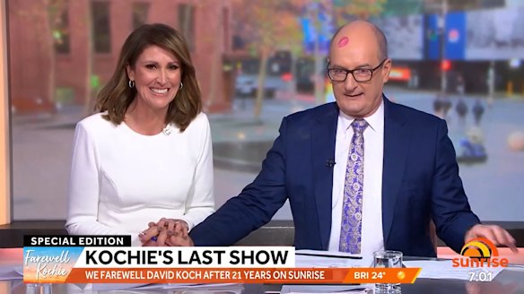 Natalie Barr with her Sunrise co-host David Koch on his final day with the long-running breakfast TV show.