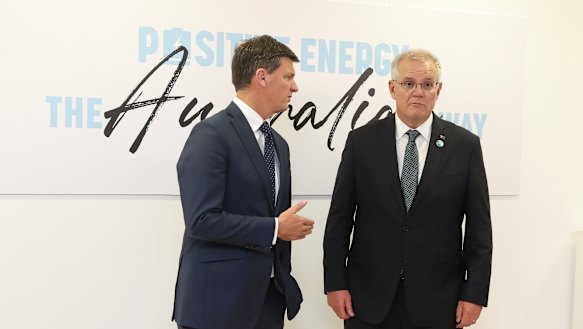 Energy and Emissions Reduction Minister Angus Taylor and Prime Minister Scott Morrison at the Glasgow climate summit. 
