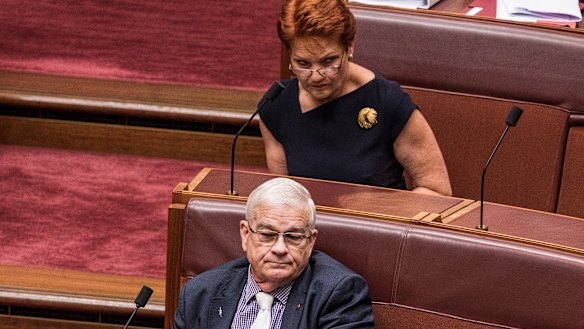 Senators Brian Burston and Pauline Hanson in the chamber together.