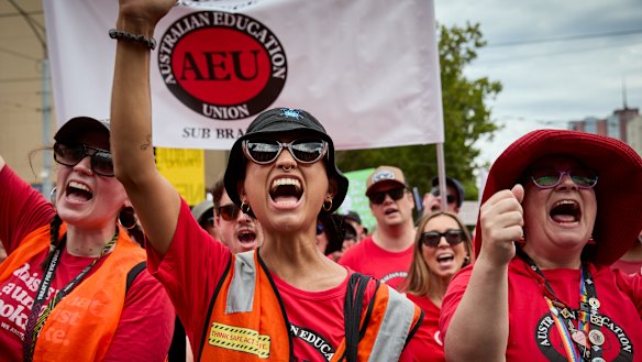 Teachers with the AEU striking in March.