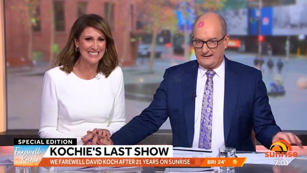 Natalie Barr with her Sunrise co-host David Koch on his final day with the long-running breakfast TV show.