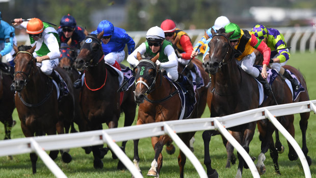 Sigrid Carr rides The Inevitable (centre, white cap, white sleeves) to victory in the CS Hayes Stakes.