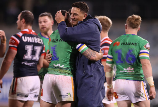 Sonny Bill Williams of the Roosters acknowledges Charnze Nicoll-Klokstad of Canberra after the Roosters defeated the Raiders.